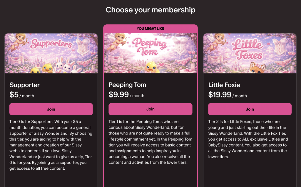 Membership Tiers with the Patreon Sissy Wonderland Experience. Starting at only $5/mo